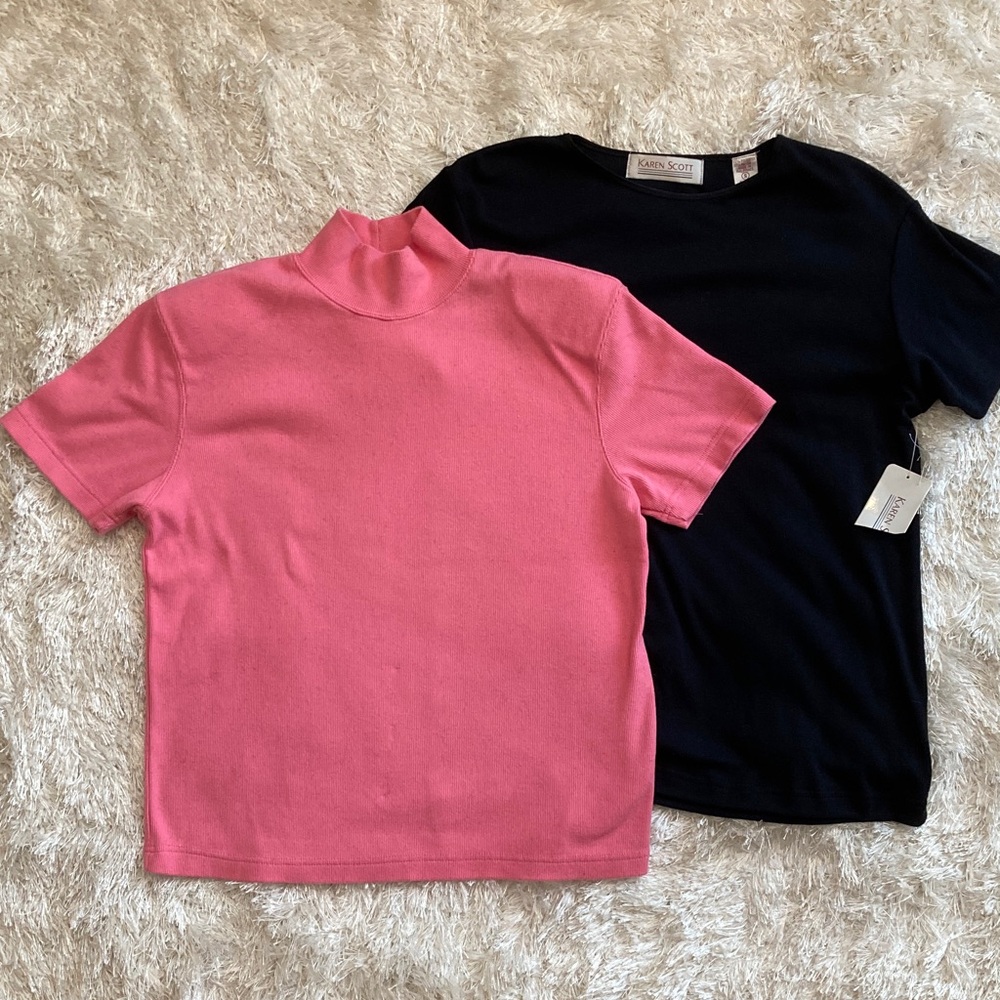 Karen Scott Bundle Mock Neck Pink Crew Neck Black Short Sleeve Tops - Picture 1 of 13